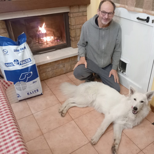 Signore tatuato con il suo Bulldog Inglese e il sacco delle sue crocchette Dermat Dogbauer