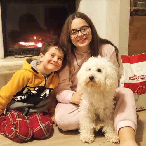 Fratellini con il loro Cane barboncino e dietro il sacco di crocchette Dogbauer