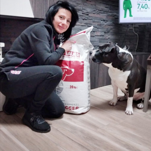 Signora con il suo Amstaff e sacco di crocchette Dogbauer