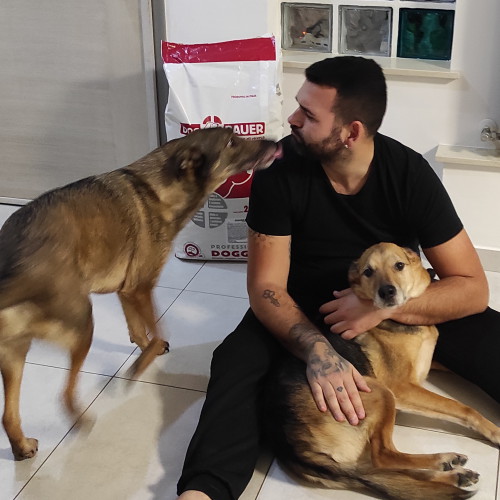 Signore con i suoi due cani salvati dal canile e sullo sfondo il sacco delle crocchette Dogbauer